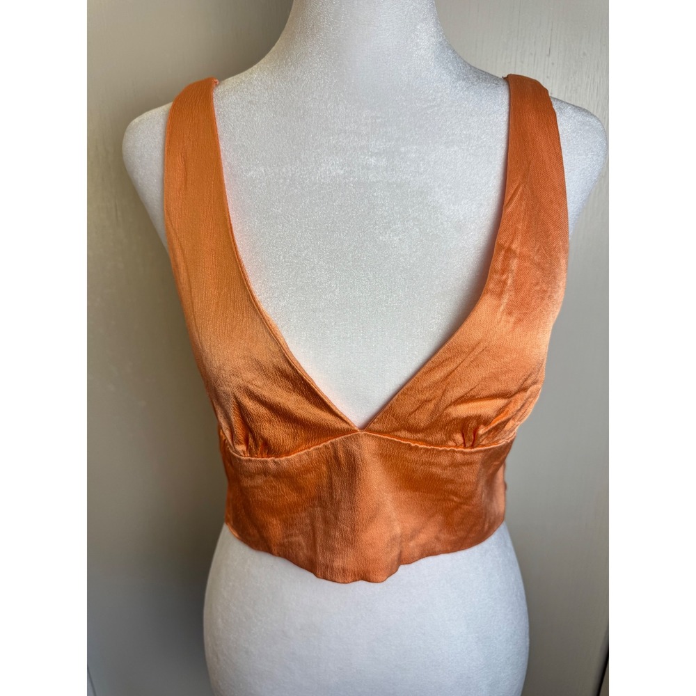 Zara Orange Satin Deep V-Neck Camisole Smocked Back Crop Top Size Large